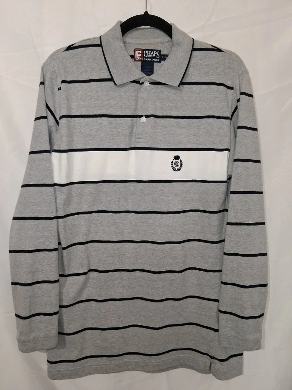 Vintage 90s Y2K Chaps Ralph Lauren Polo Shirt Mens Small Gray Striped Crest